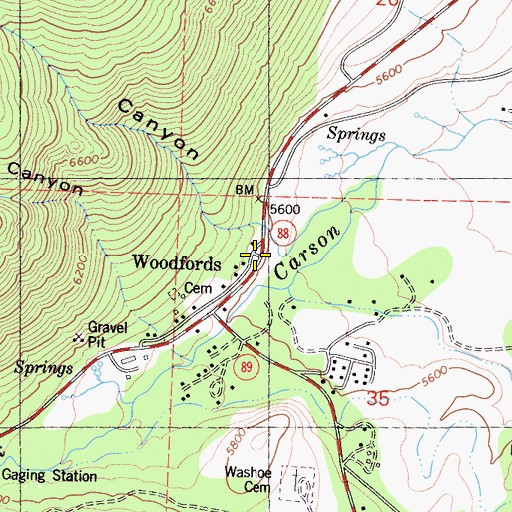 Topographic Map of Woodfords, CA