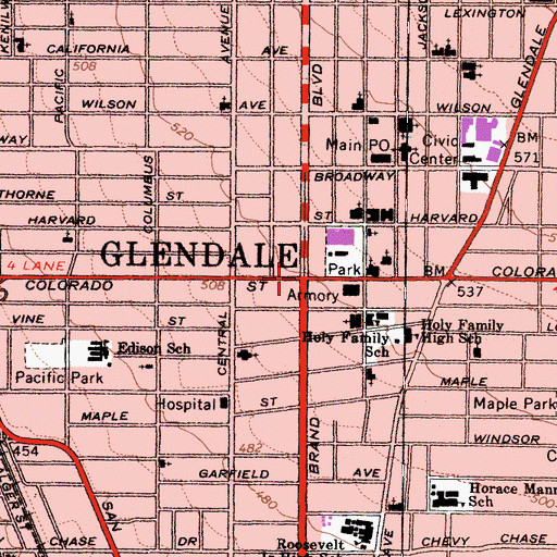 Topographic Map of Glendale, CA