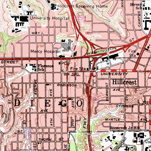 Topographic Map of Hillcrest, CA