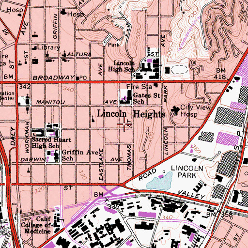 Topographic Map of Lincoln Heights, CA