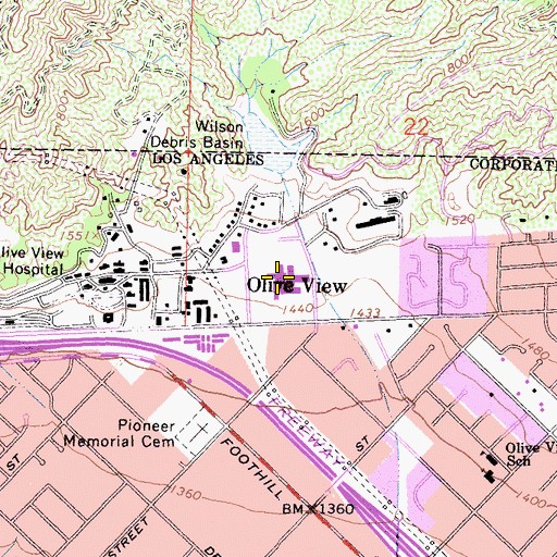 Topographic Map of Olive View University Of California Los Angeles Medical Center, CA