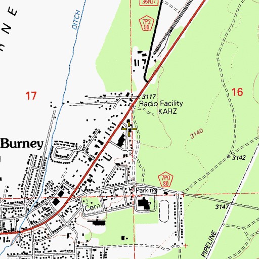 Topographic Map of Burney Post Office, CA