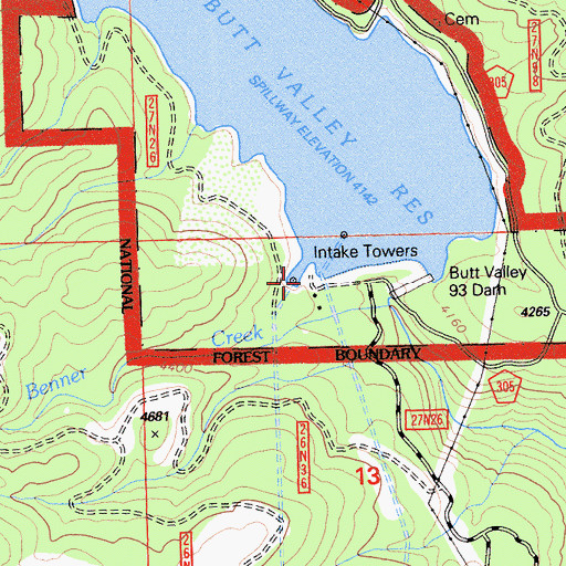 Topographic Map of Butt Valley 93 Dam, CA