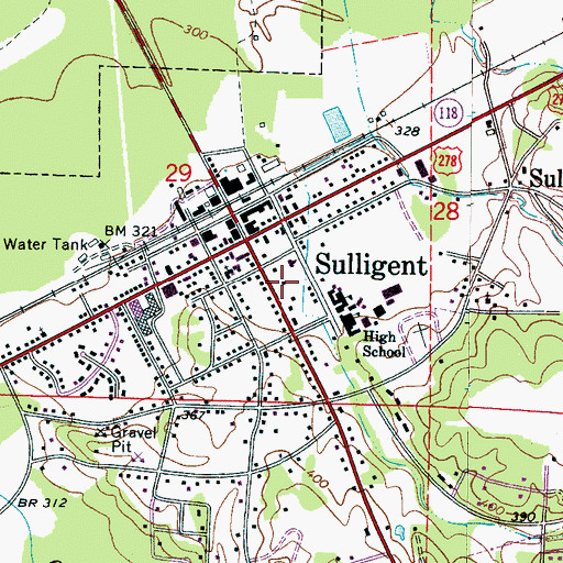 Topographic Map of Sulligent Post Office, AL