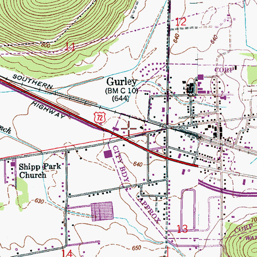 Topographic Map of Gurley Post Office, AL