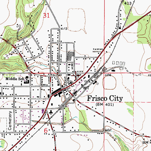 Topographic Map of Frisco City Post Office, AL