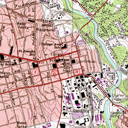 Topographic Map of Athens City Hall, GA