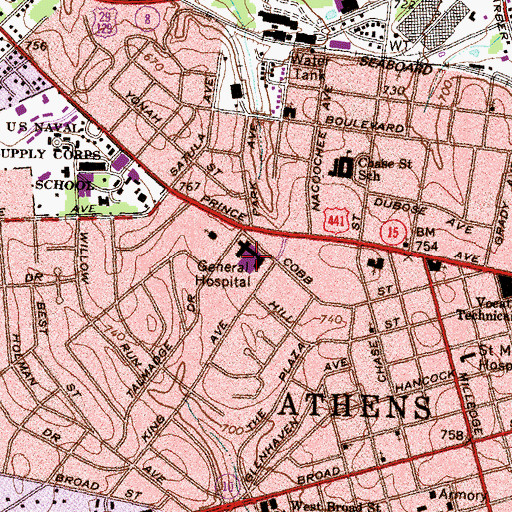 Topographic Map of Piedmont Athens Regional Medical Center, GA