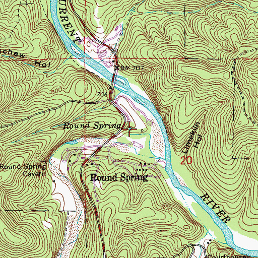 Topographic Map of Round Spring Natural Bridge, MO