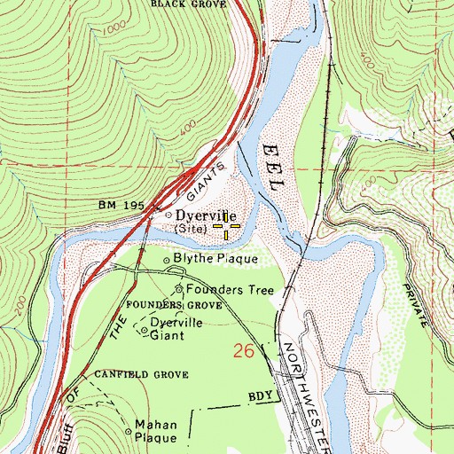 Topographic Map of Dyerville Bar, CA
