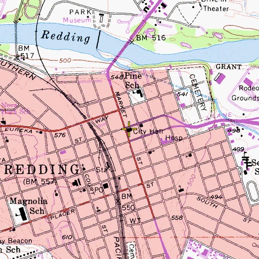 Topographic Map of Old Redding City Hall Building, CA