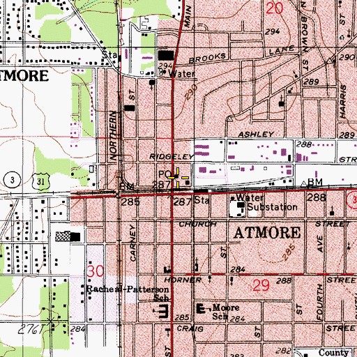 Topographic Map of Atmore Post Office, AL