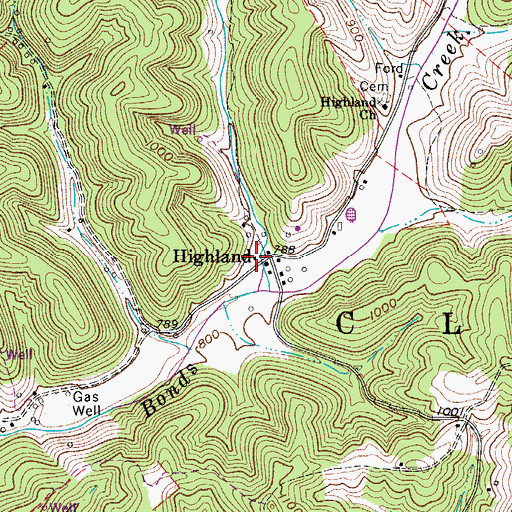 Topographic Map of Highland Post Office, WV