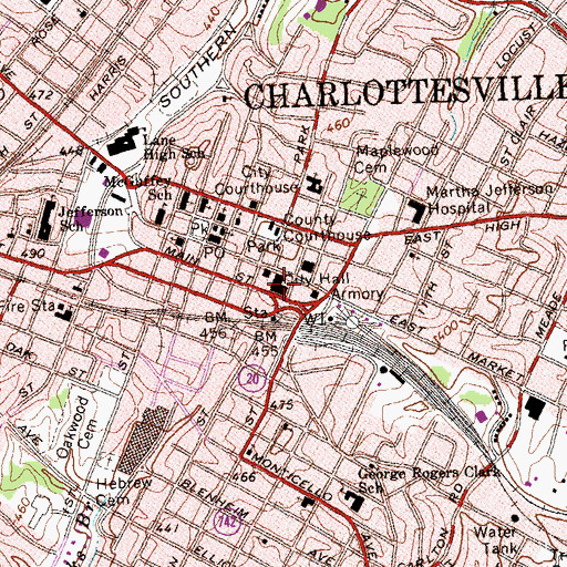 Topographic Map of Charlottesville City Hall, VA