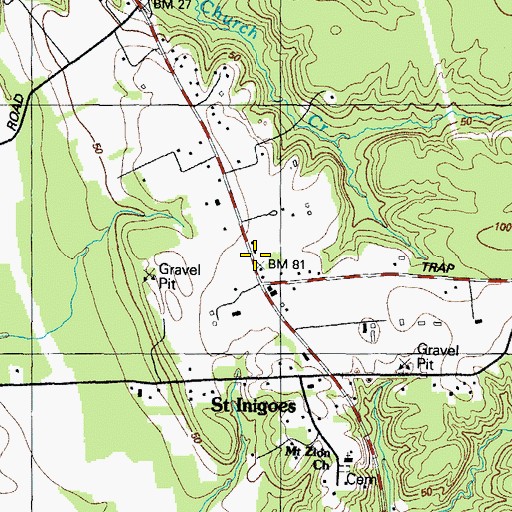 Topographic Map of Saint Inigoes Post Office, MD