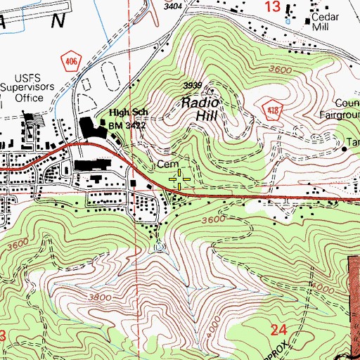 Topographic Map of Quincy Cemetery, CA