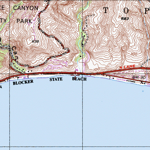 Topographic Map of Dan Blocker Beach, CA