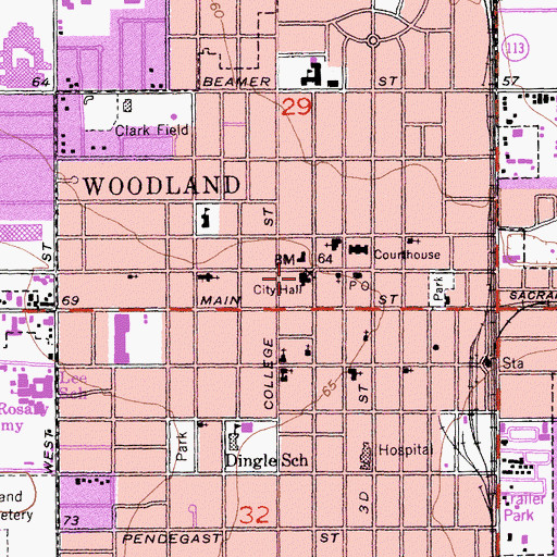 Topographic Map of Woodland City Hall, CA