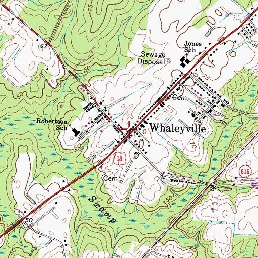 Topographic Map of Whaleyville Post Office, VA