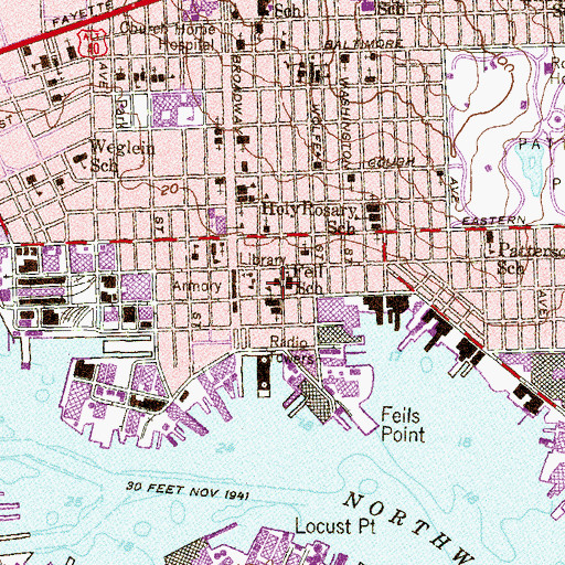 Topographic Map of Fells Point Branch Enoch Pratt Free Library, MD