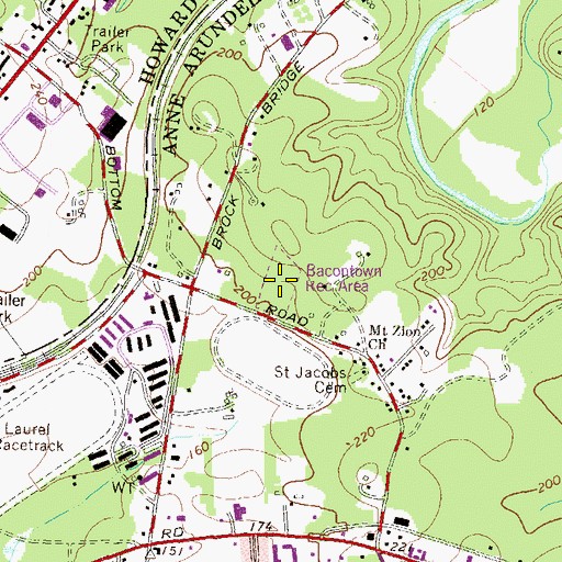 Topographic Map of Bacontown Recreation Area, MD