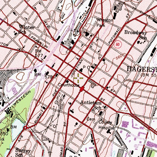 Topographic Map of Hagerstown Commercial Core Historic District, MD