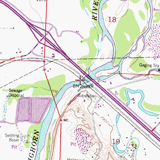 Topographic Map of Big Horn River Bridge, MT