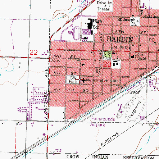 Topographic Map of Big Horn County Memorial Nursing Home, MT