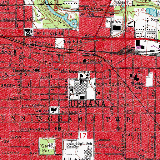 Topographic Map of Downtown Urbana Post Office, IL