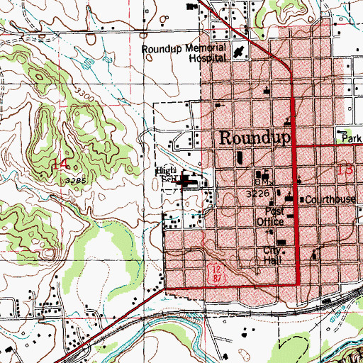 Topographic Map of Roundup High School, MT