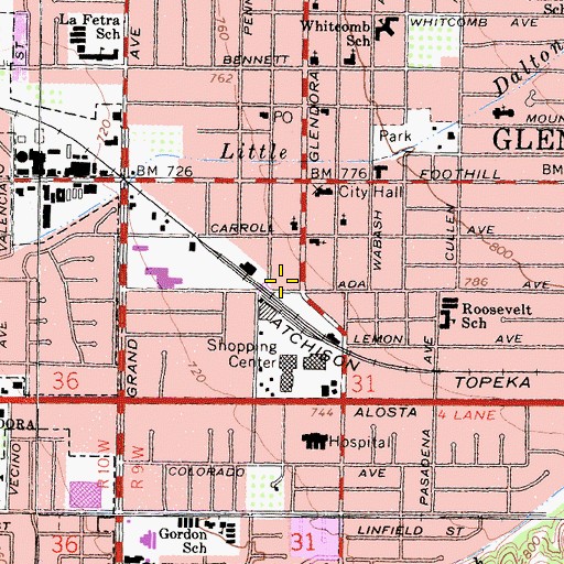 Topographic Map of Glendora Post Office, CA