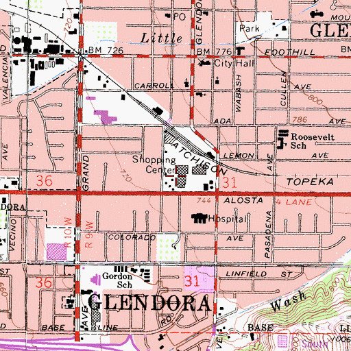 Topographic Map of Glendora Shopping Center, CA