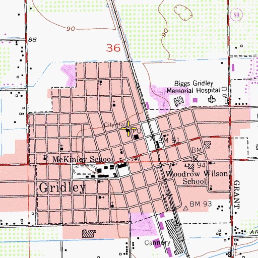 Topographic Map of Gridley City Hall, CA