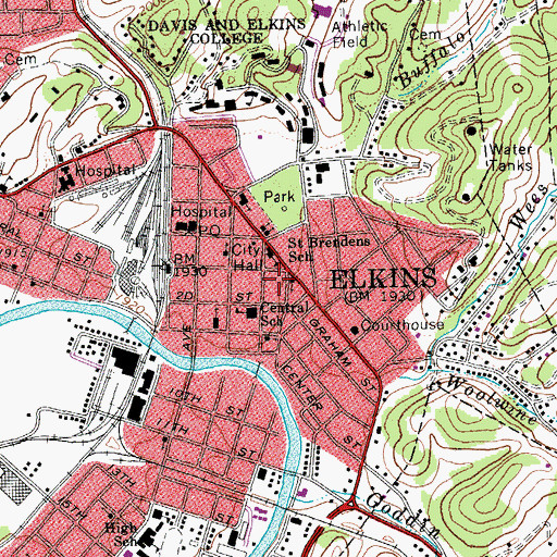 Topographic Map of Elkins Post Office, WV
