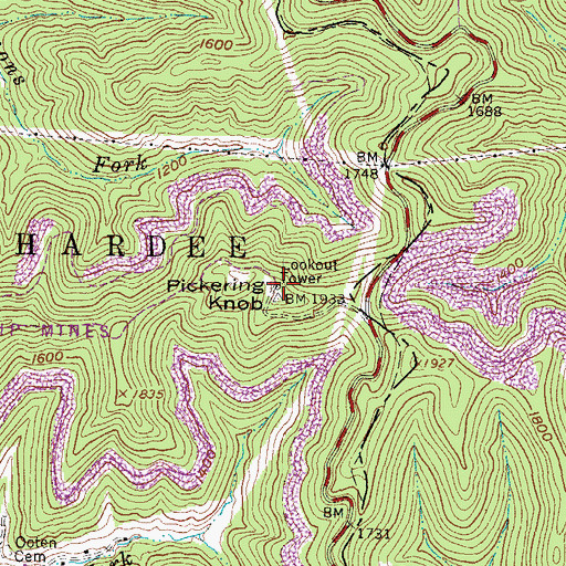 Topographic Map of Pickering Knob Lookout Tower, WV