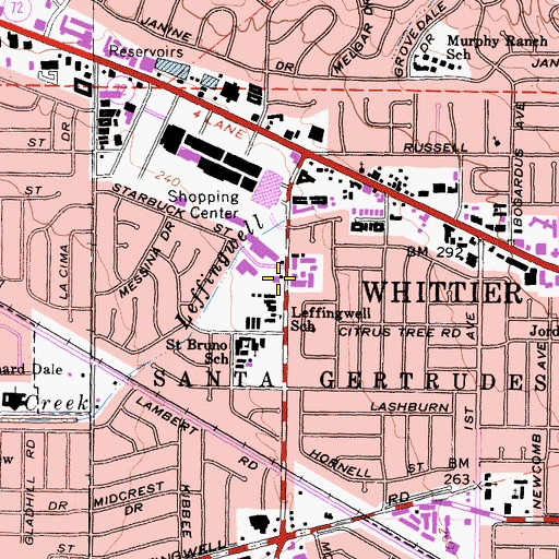 Topographic Map of Whittwood Branch Whittier Public Library, CA