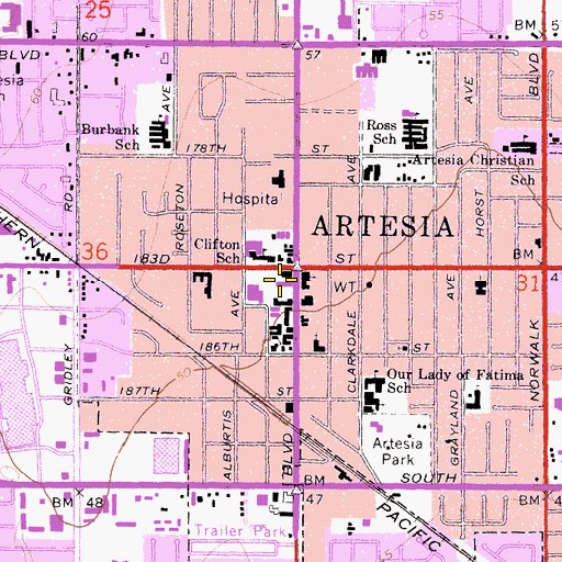 Topographic Map of Artesia Town Center Shopping Center, CA