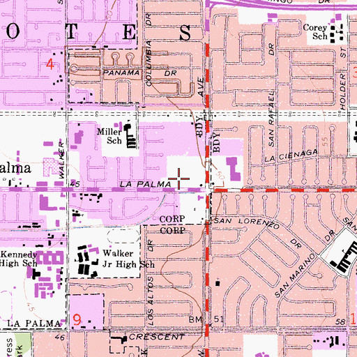 Topographic Map of La Palma Shopping Center, CA