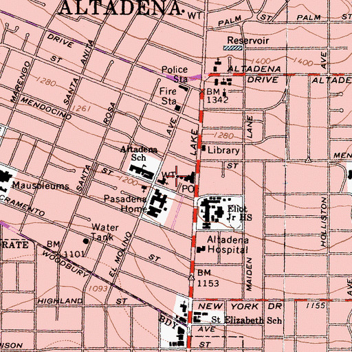 Topographic Map of Altadena Post Office, CA