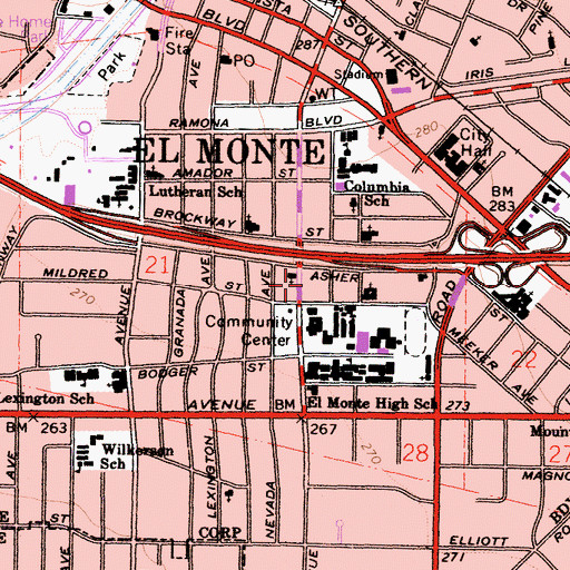 Topographic Map of El Monte Branch County of Los Angeles Public Library, CA