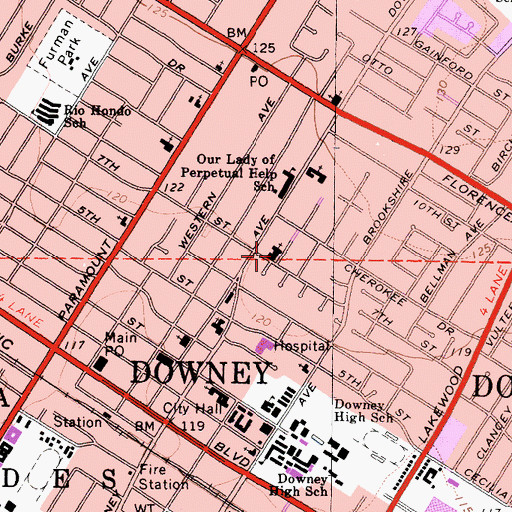 Topographic Map of First Presbyterian Church of Downey, CA