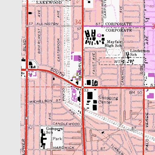Topographic Map of Lakewood Marketplace Shopping Center, CA