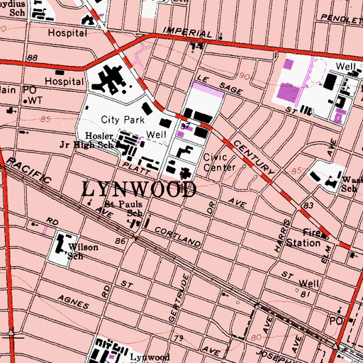 Topographic Map of Lynwood Branch County of Los Angeles Public Library, CA