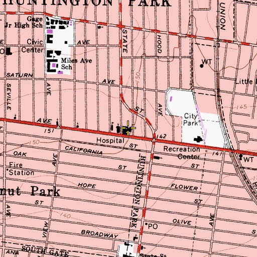 Topographic Map of Community and Mission Hospital of Huntington Park Florence, CA