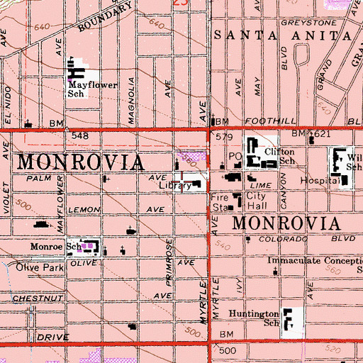 Topographic Map of Monrovia Public Library, CA