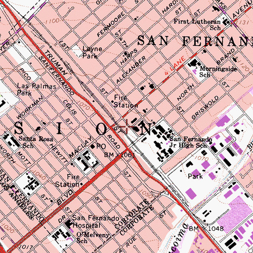 Topographic Map of San Fernando City Hall, CA