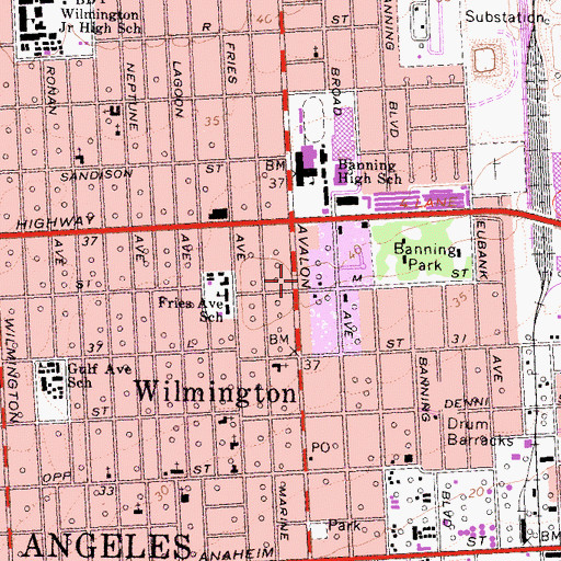 Topographic Map of Wilmington Branch Los Angeles Public Library, CA