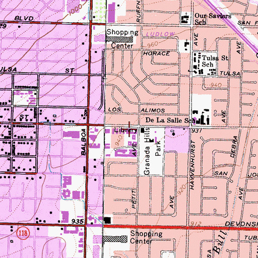 Topographic Map of Granada Hills Branch Los Angeles Public Library, CA