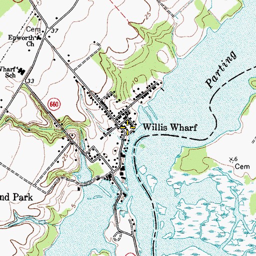 Topographic Map of Willis Wharf Post Office, VA