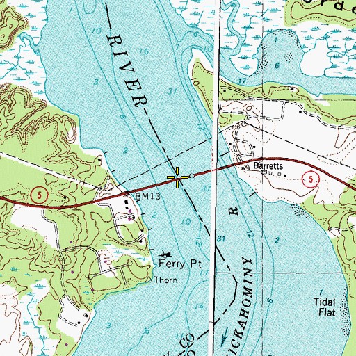 Topographic Map of Barrets Ferry (historical), VA